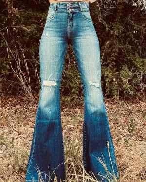 Washed Gradient Distressed Flared Jeans
