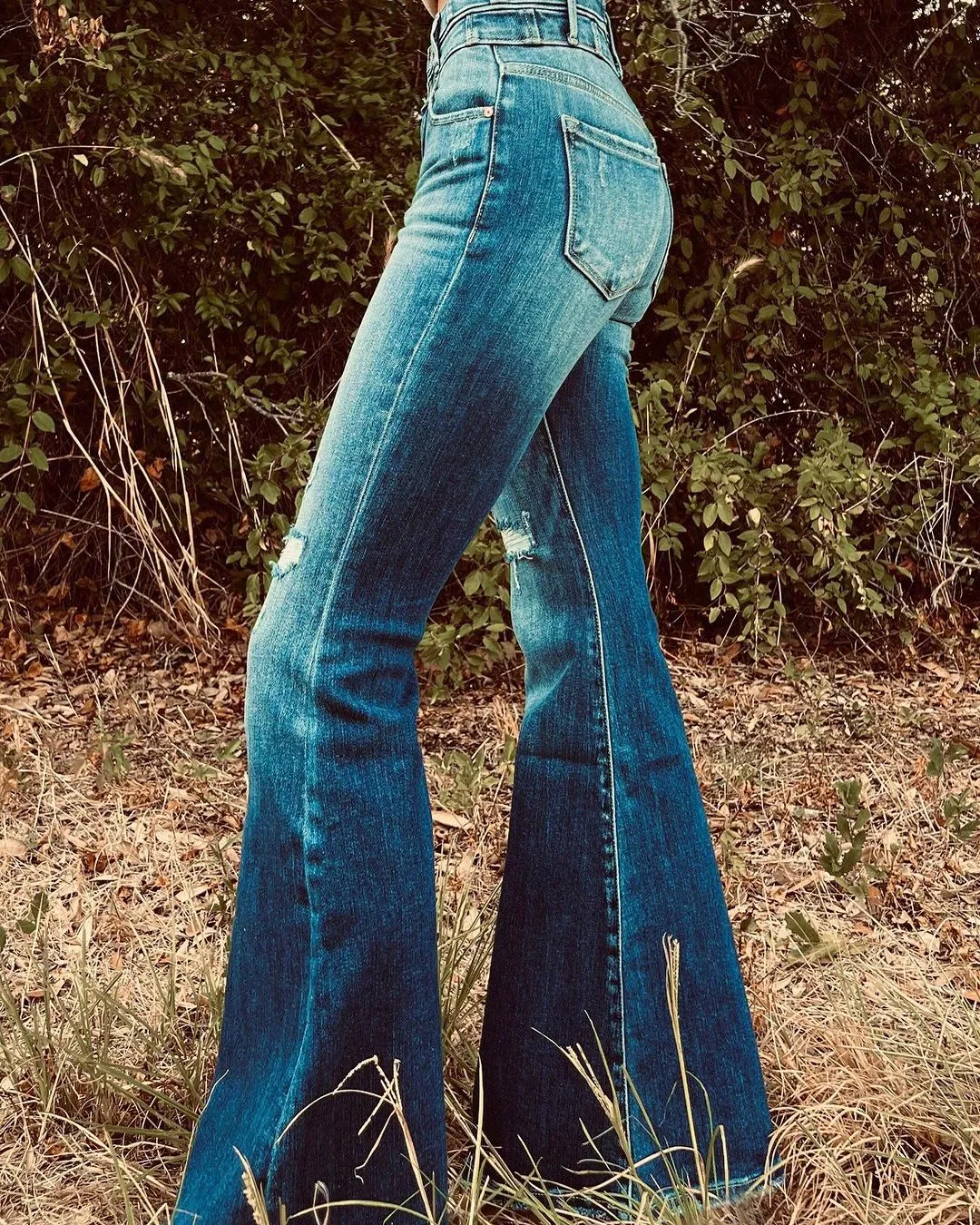 Washed Gradient Distressed Flared Jeans