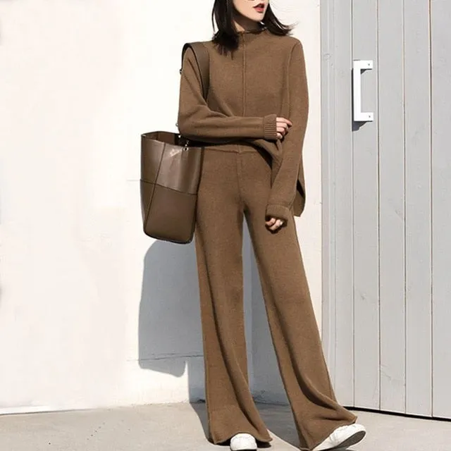 Winter Tracksuit 2 Piece Pant Suits For Women Knitted Long Sleeve Two Piece Set Top And Pants Women Suit Outwear Korean