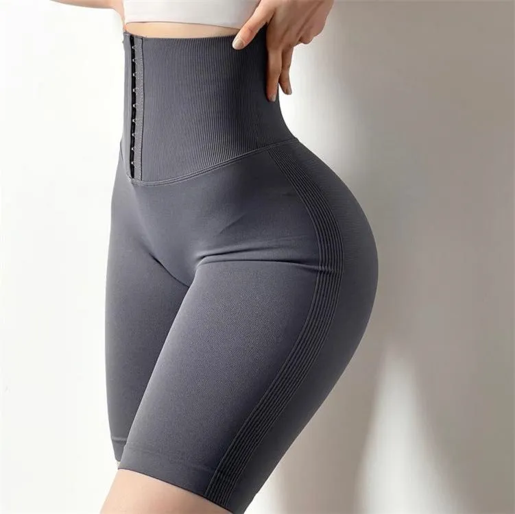 Women High Waist Tummy Control Anti Squatting Belt Elastic Seamless Corset Women Yoga Shorts Running Sexy Breasted Shorts