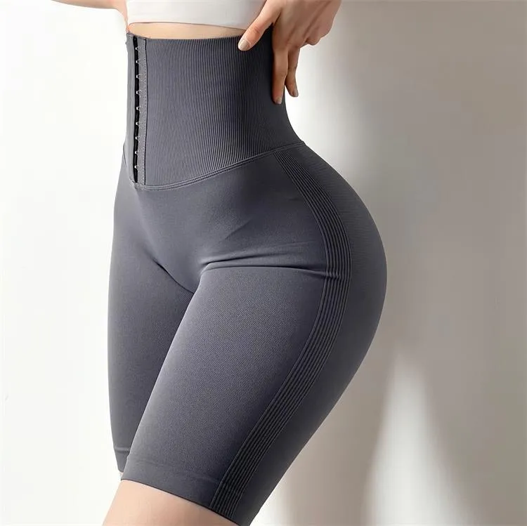Women High Waist Tummy Control Anti Squatting Belt Elastic Seamless Corset Women Yoga Shorts Running Sexy Breasted Shorts