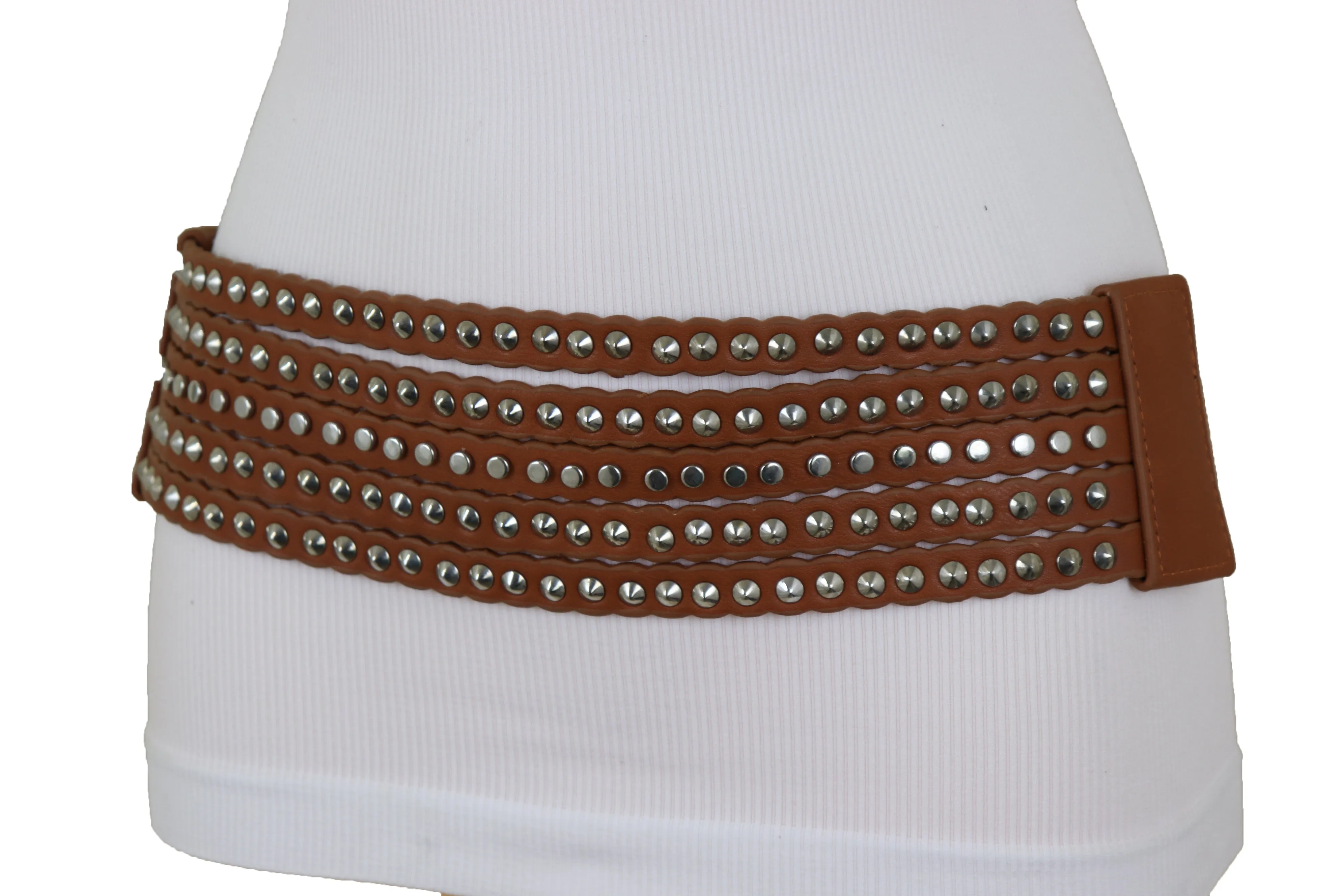 Women Wide Elastic Waistband Wide Strap Brown Faux Leather Belt Silver Metal Studs Spikes Size S M