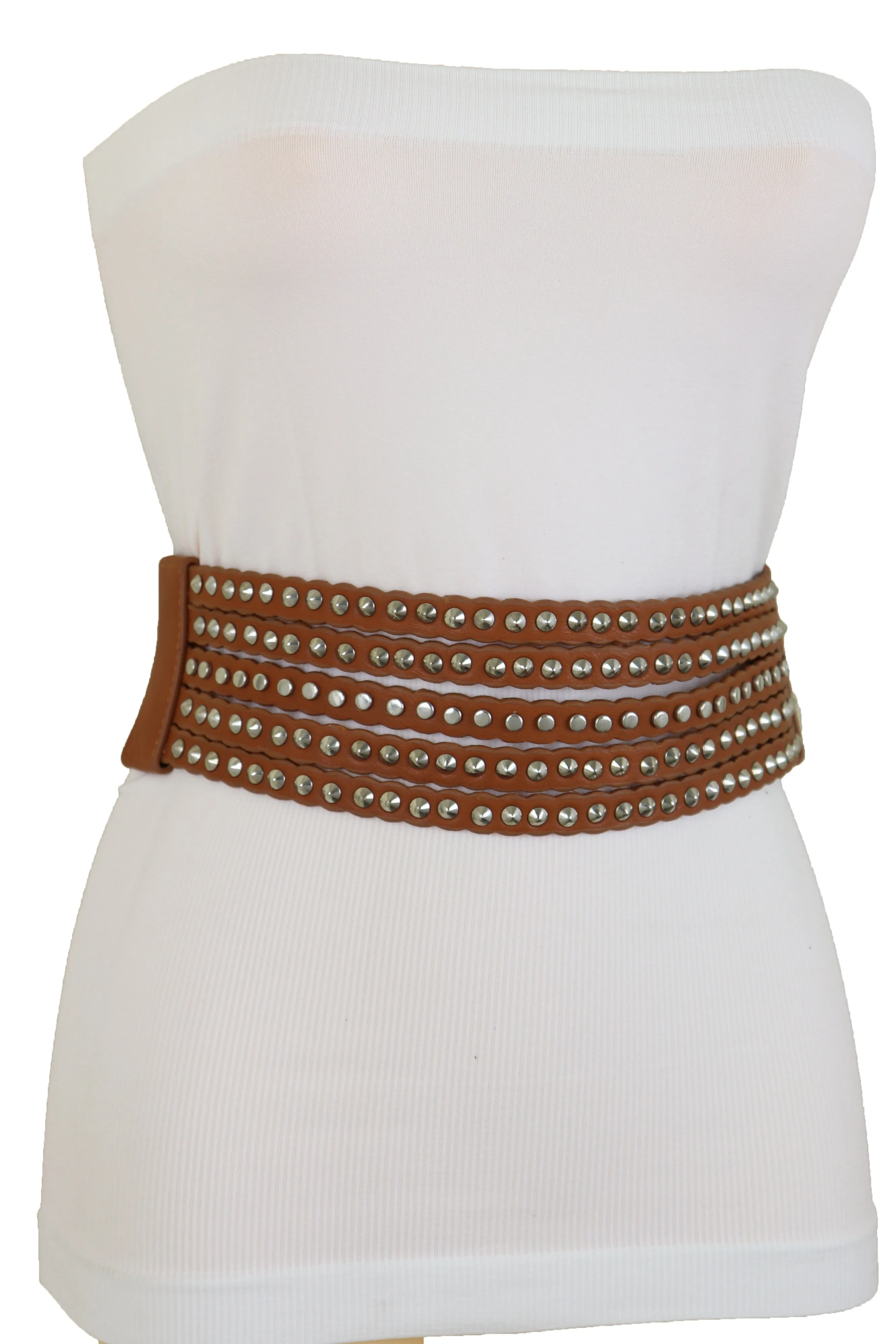 Women Wide Elastic Waistband Wide Strap Brown Faux Leather Belt Silver Metal Studs Spikes Size S M