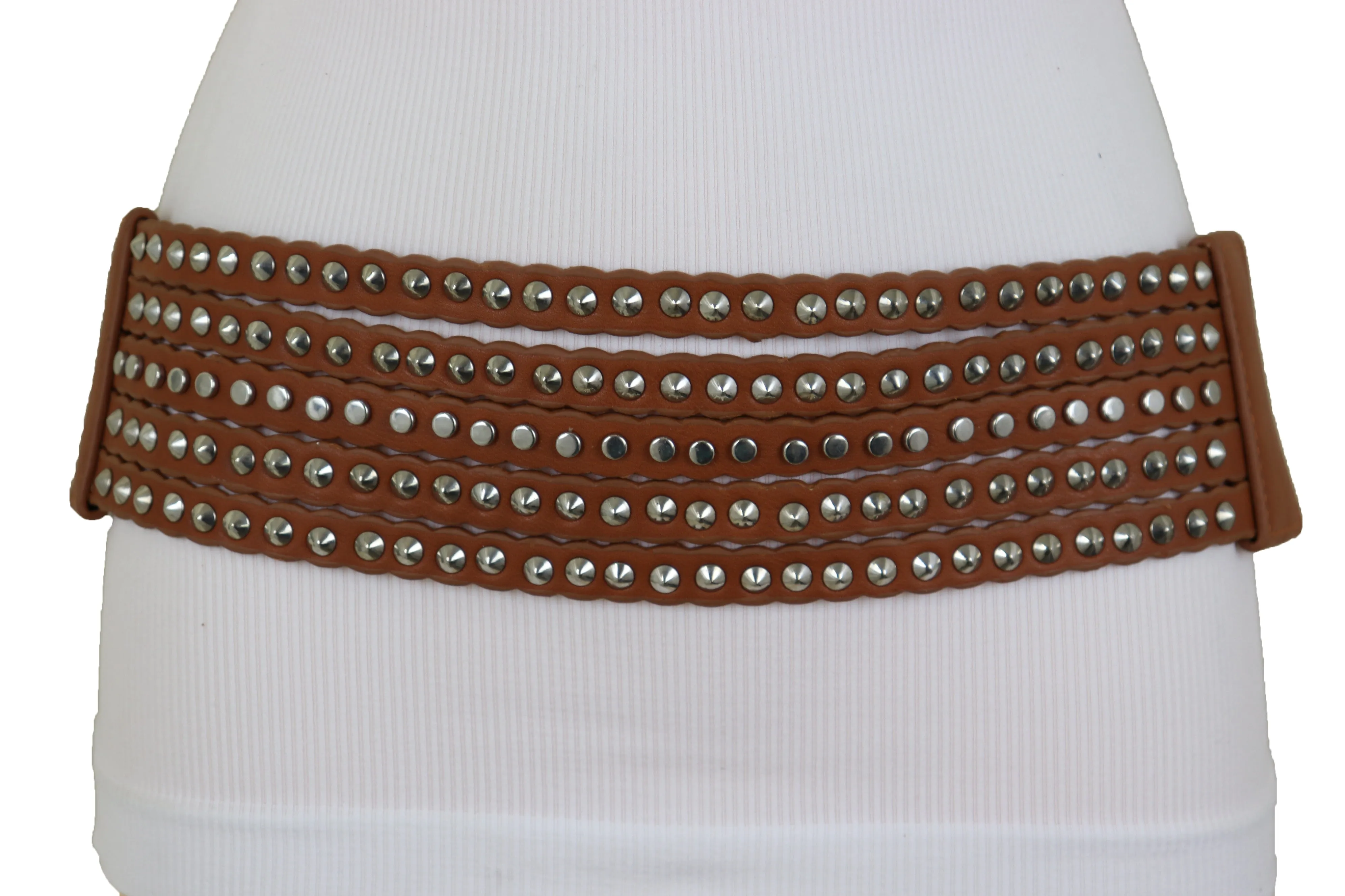Women Wide Elastic Waistband Wide Strap Brown Faux Leather Belt Silver Metal Studs Spikes Size S M