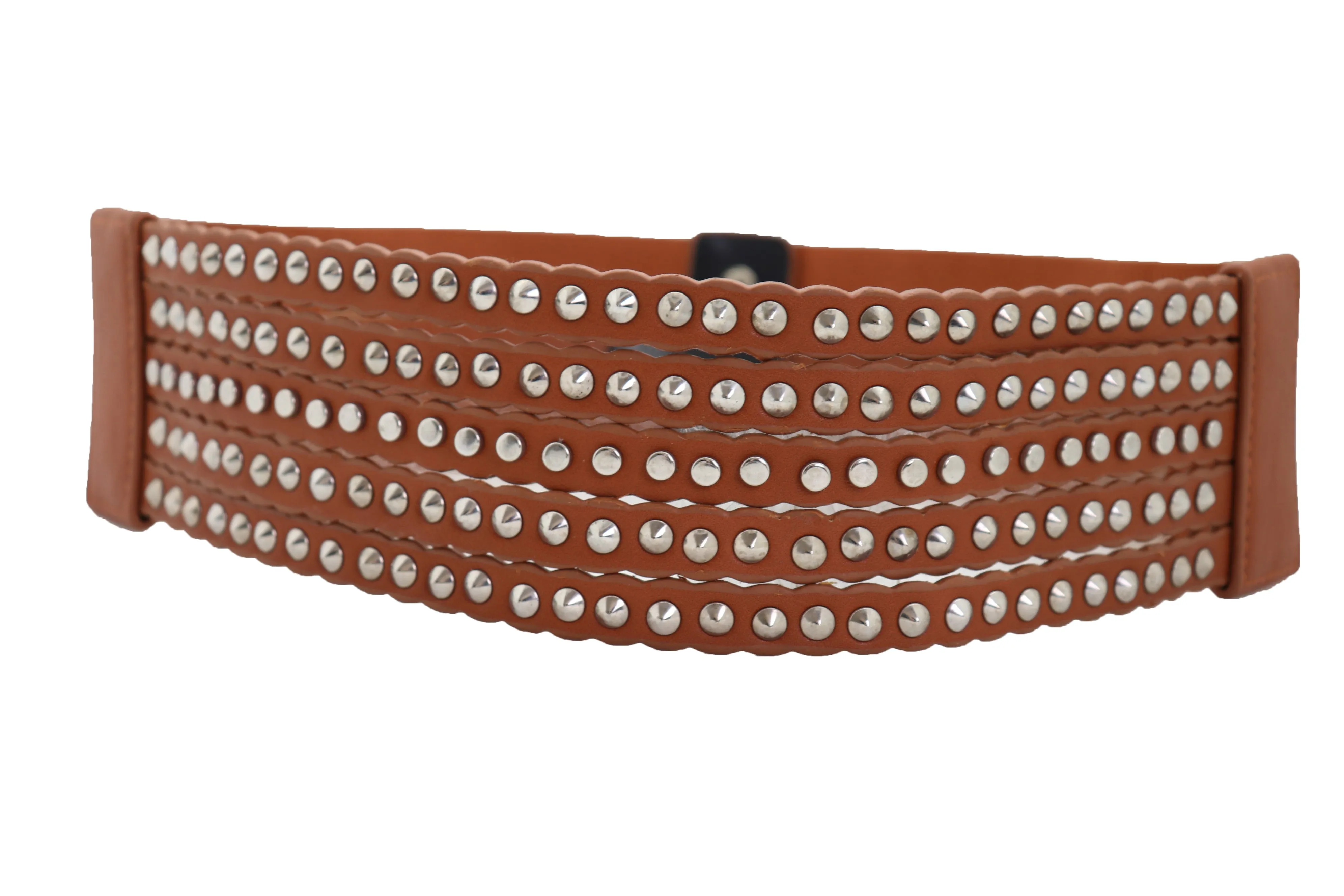 Women Wide Elastic Waistband Wide Strap Brown Faux Leather Belt Silver Metal Studs Spikes Size S M
