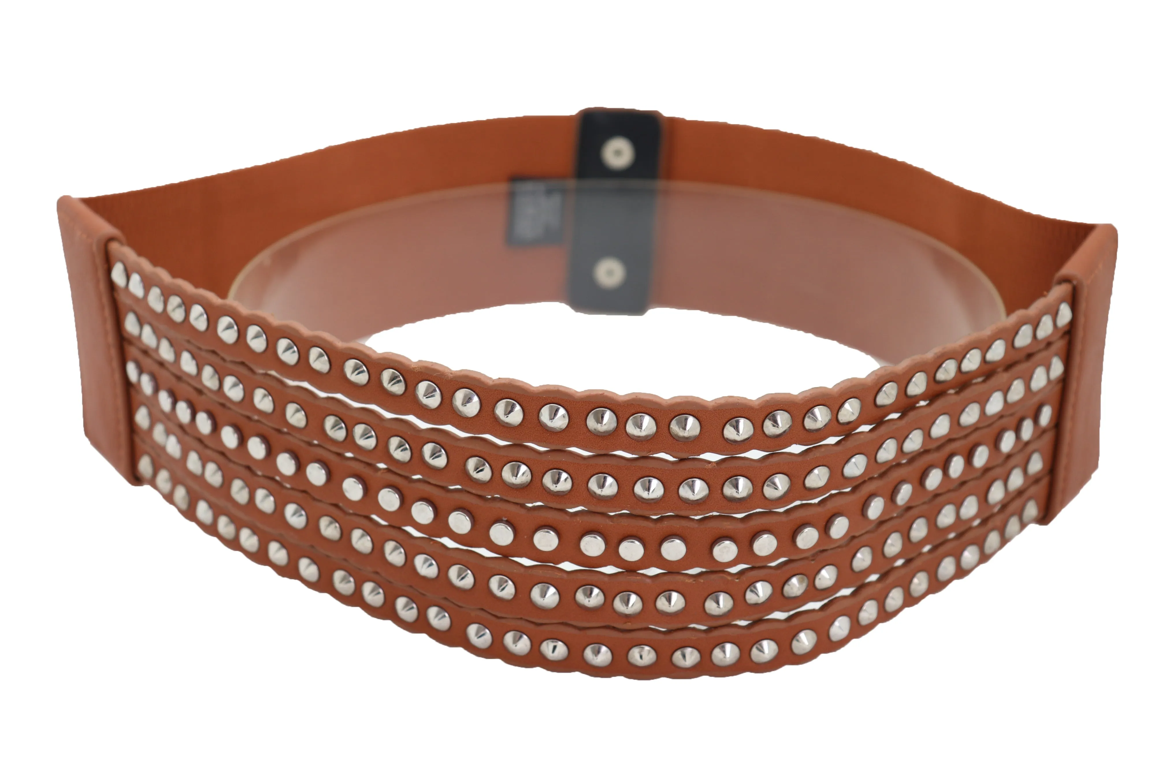 Women Wide Elastic Waistband Wide Strap Brown Faux Leather Belt Silver Metal Studs Spikes Size S M