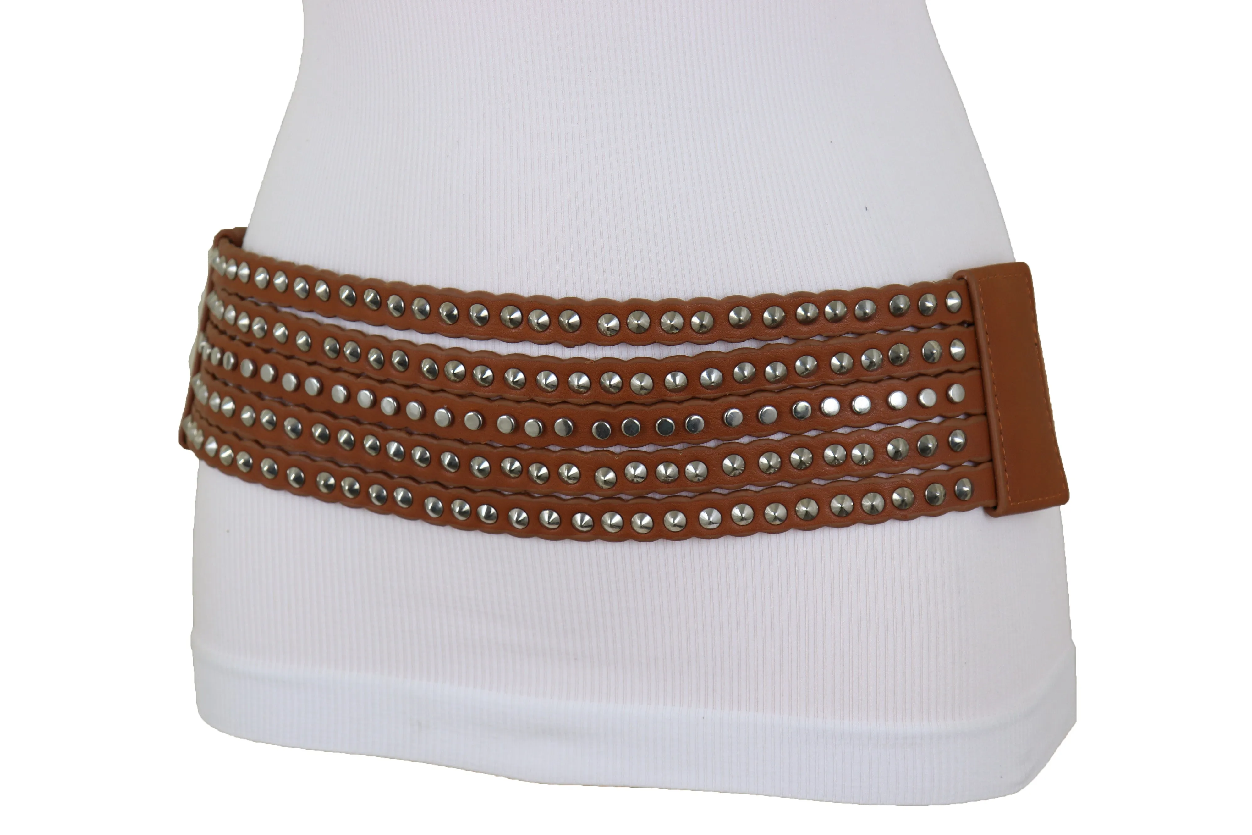 Women Wide Elastic Waistband Wide Strap Brown Faux Leather Belt Silver Metal Studs Spikes Size S M