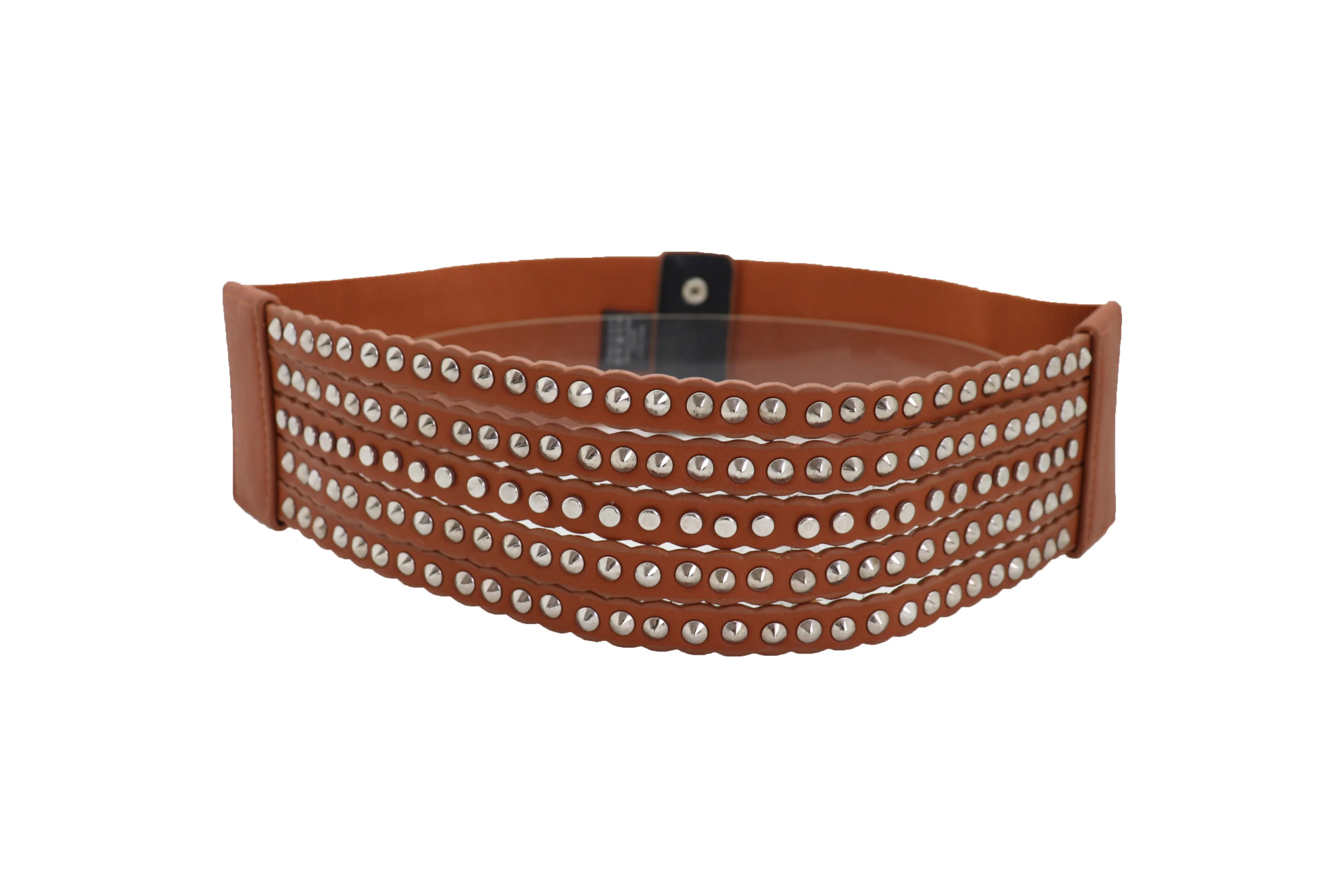 Women Wide Elastic Waistband Wide Strap Brown Faux Leather Belt Silver Metal Studs Spikes Size S M