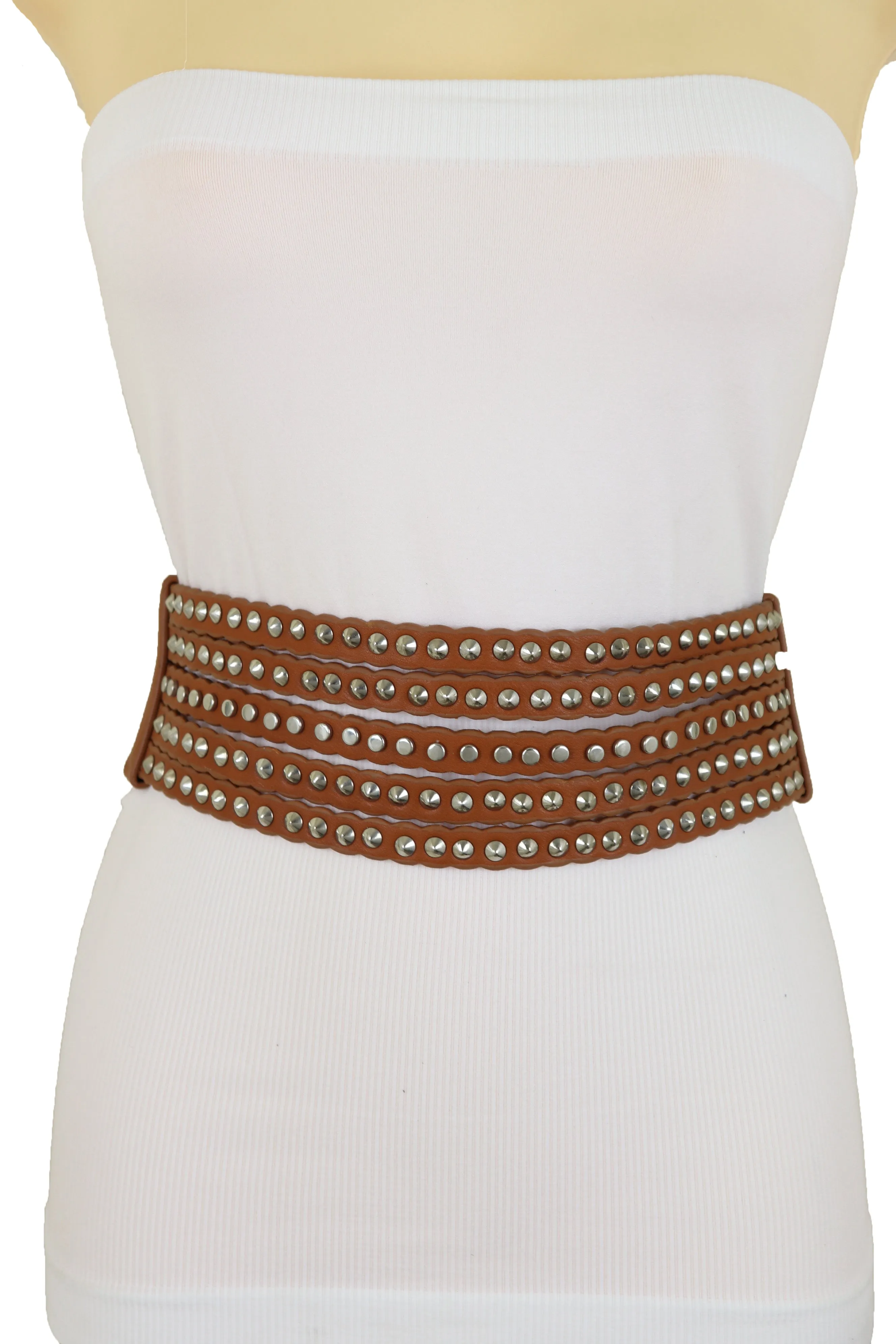 Women Wide Elastic Waistband Wide Strap Brown Faux Leather Belt Silver Metal Studs Spikes Size S M