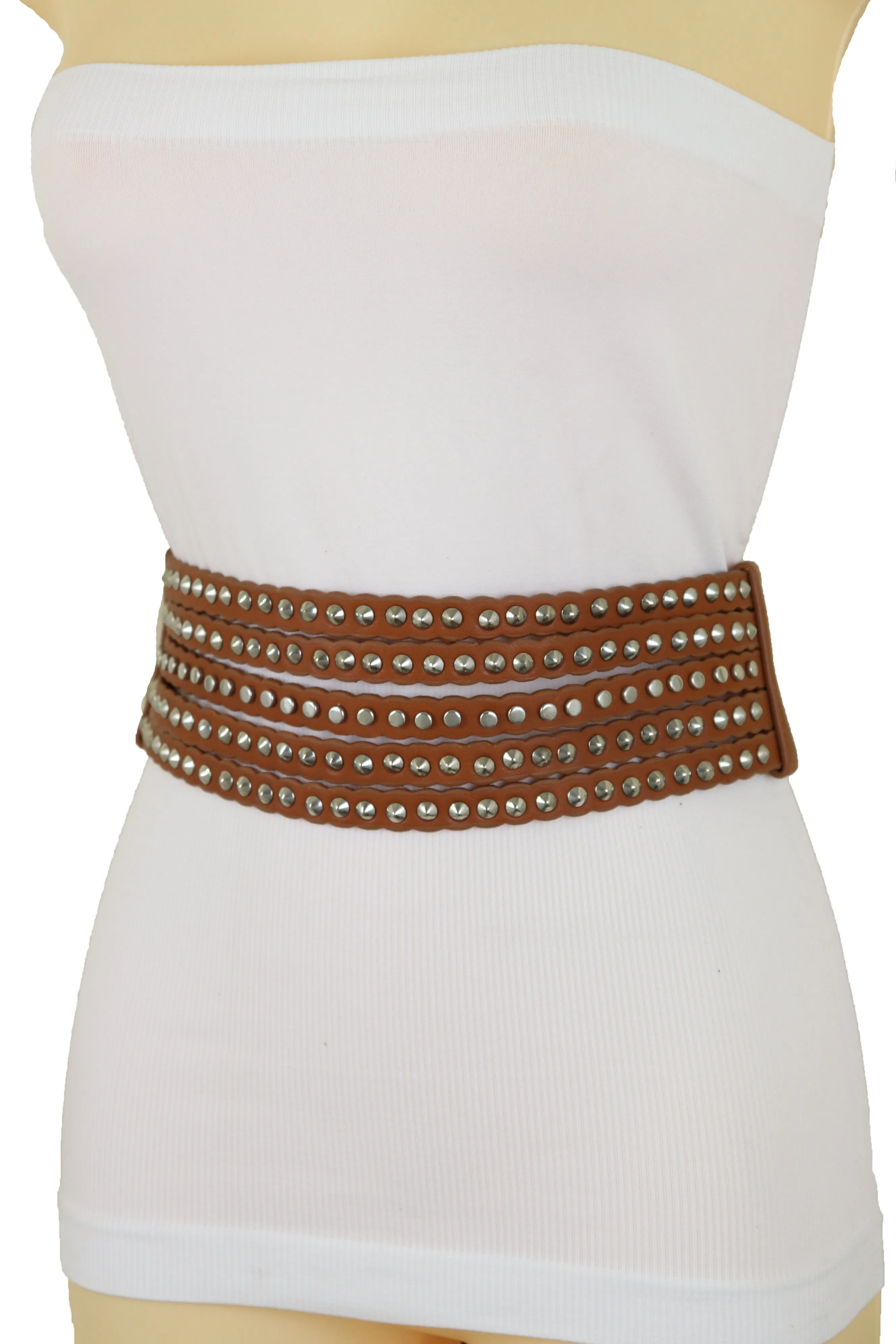 Women Wide Elastic Waistband Wide Strap Brown Faux Leather Belt Silver Metal Studs Spikes Size S M