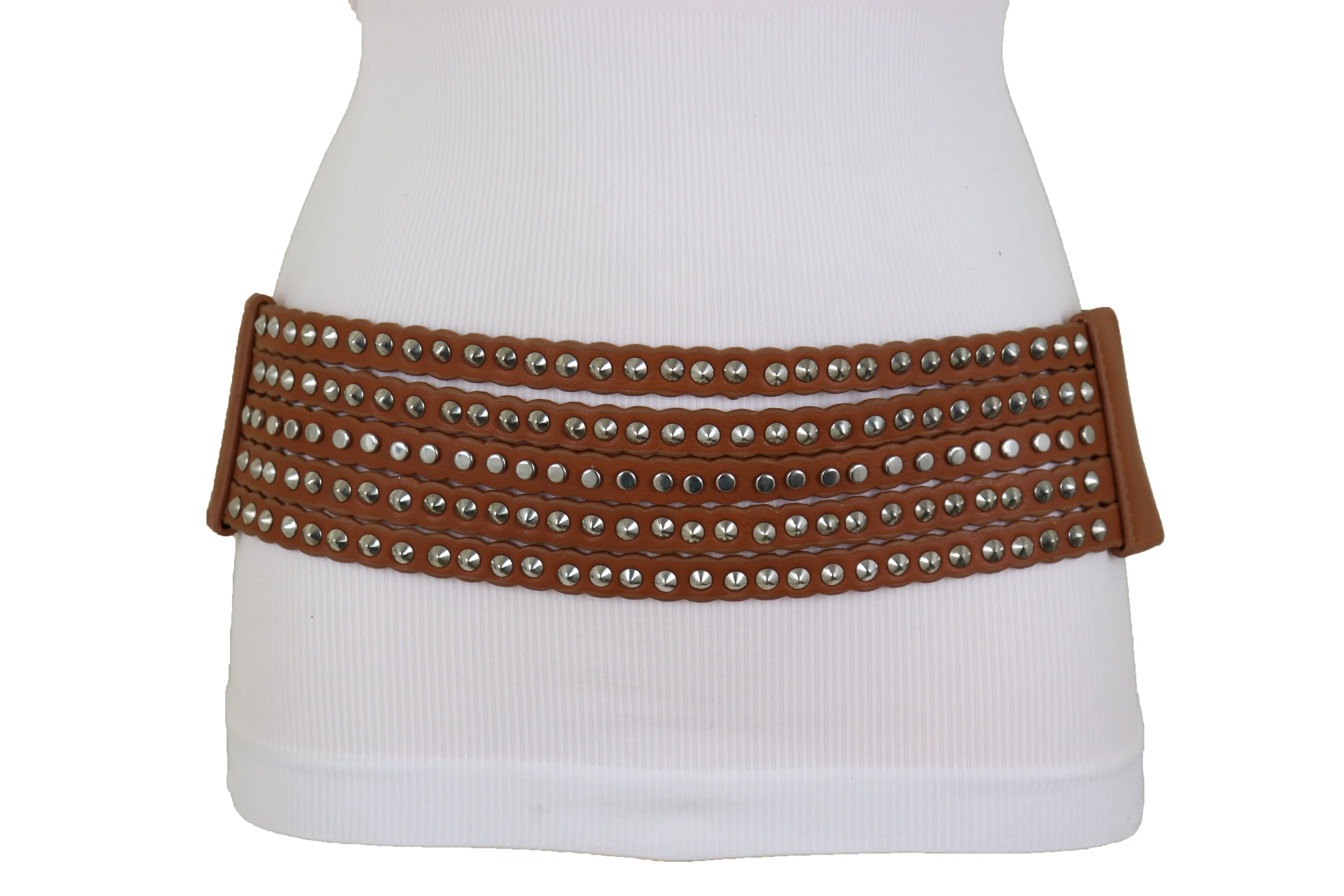 Women Wide Elastic Waistband Wide Strap Brown Faux Leather Belt Silver Metal Studs Spikes Size S M