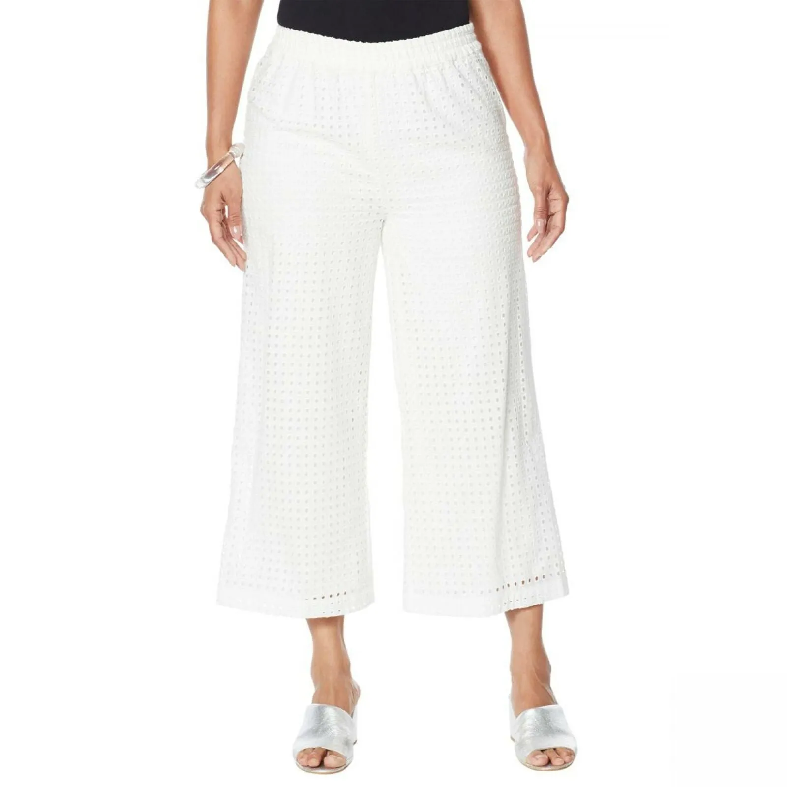 WynneLayers Women's Lined Eyelet Pull On Crop Pants Cloud Large